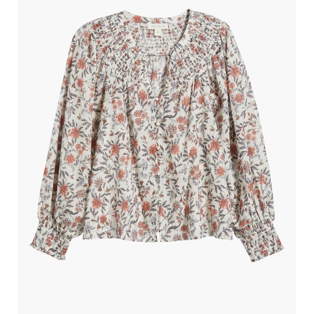 Treasure & Bond Print Smocked Yoke Button-Up Shirt, IVORY- PINK FLEURETTE, 1X/2X - Picture 6 of 9